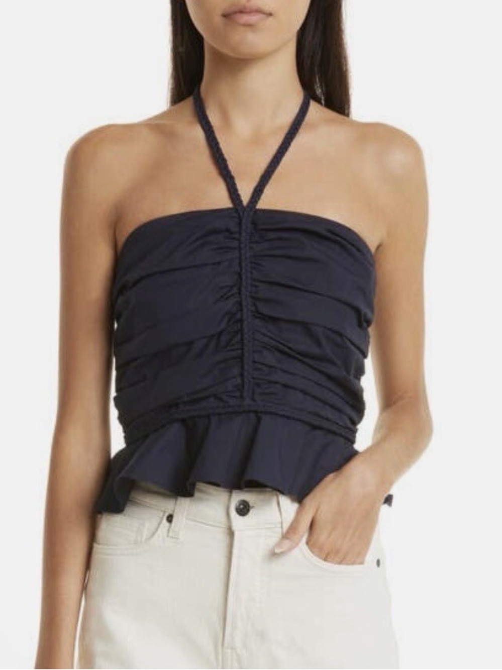 Veronica Beard Arienne Ruched Stretch-Cotton Poplin Halterneck Top